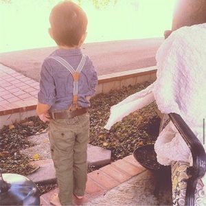 Army Green Boys Pants with Striped & Faux Leather Suspenders.